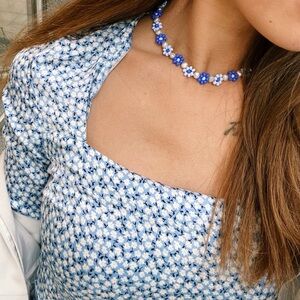 H&M Blue Floral Square Neck Silk Blouse. Size S